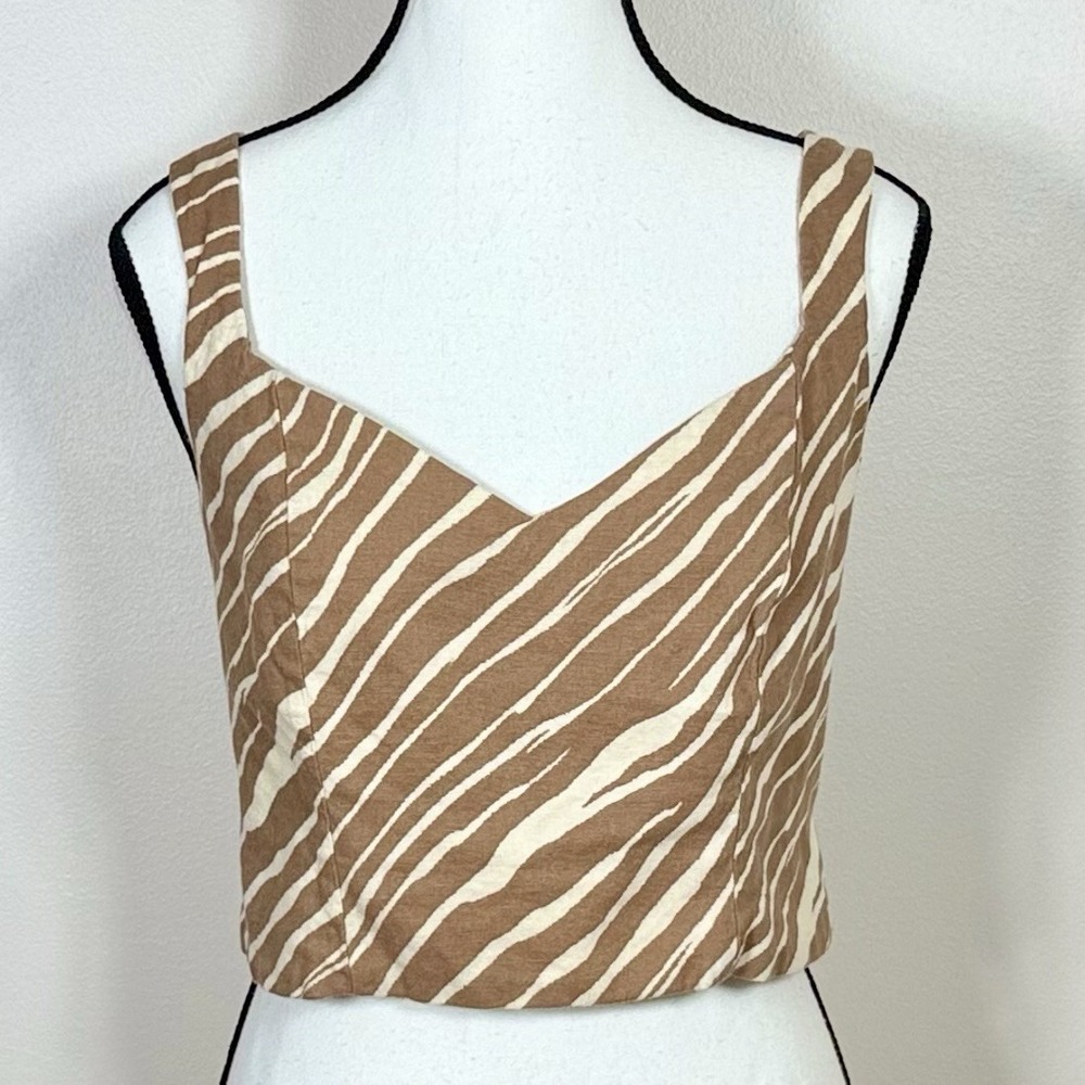 A New Day Womens Linen Blend Crop Top M Brown Zebra Smocked Back Safari Chic
